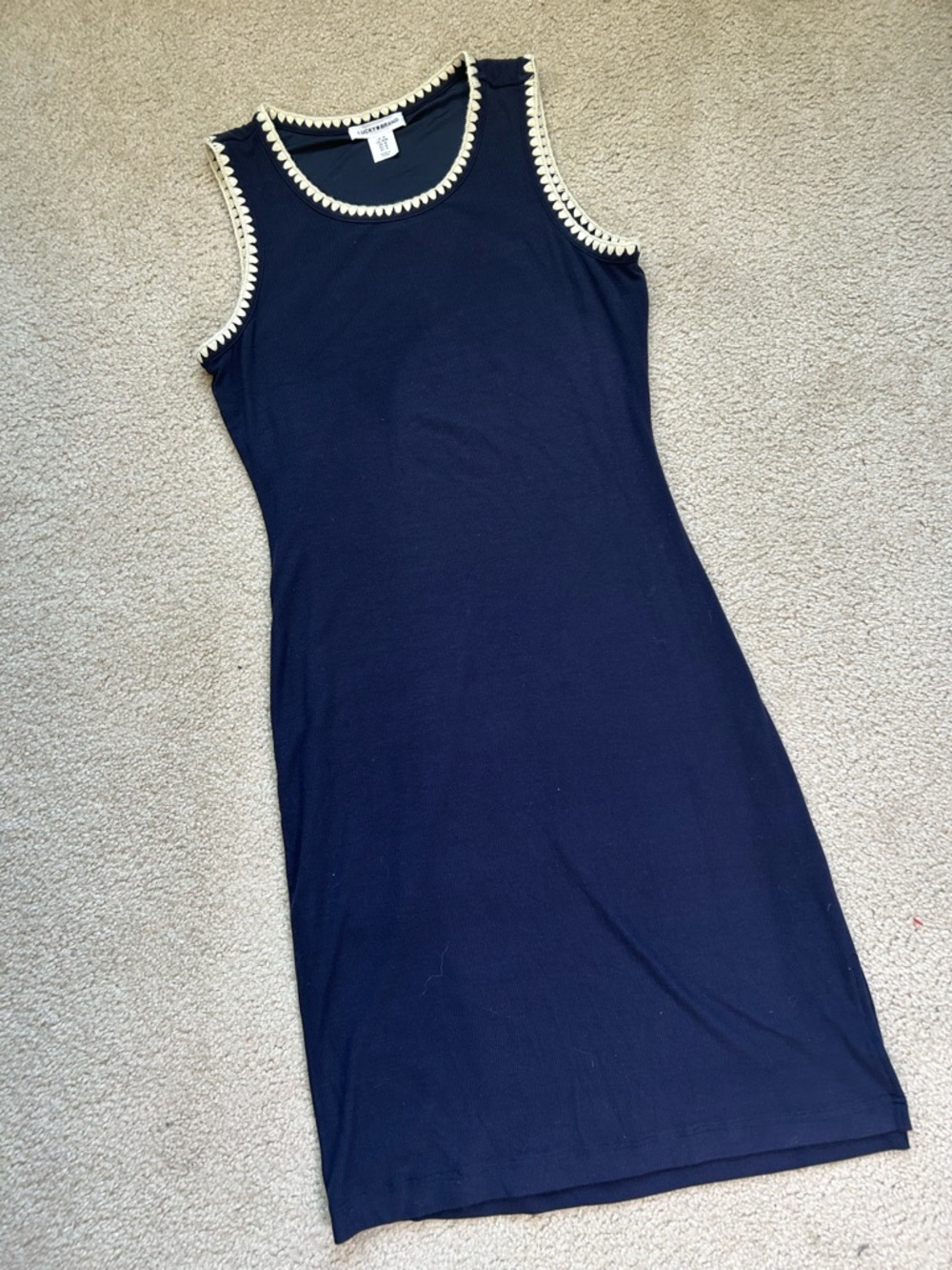 Lucky Brand Navy Sleeveless Shift Dress | Scalloped Crochet Trim Boho Mini M - Picture 3 of 7